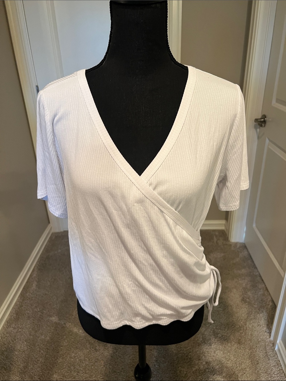 Fashion Nova White Ribbed Wrap Short Sleeve Side Tie Top